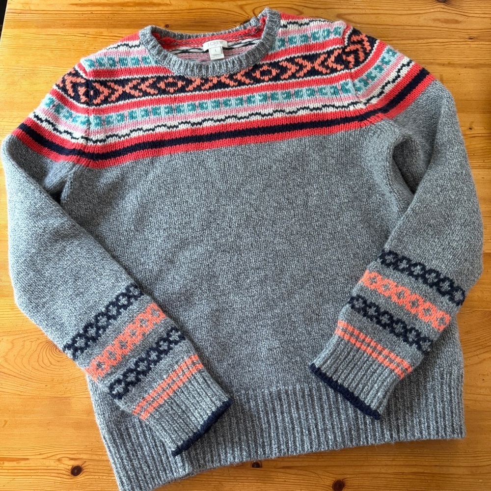 J Crew Fair Isle Crew Neck Lambswool blend Winter Pullover Sweater Women's L